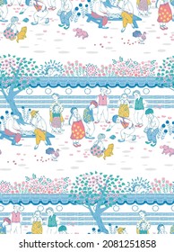 Seamless pattern illustration of Korean villagers enjoying traditional games in Korea. Design for Poster, card, picture frame, fabric, web design and print project