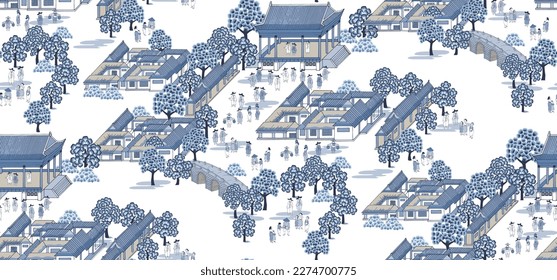 Seamless pattern illustration. Korea's old architecture and people's landscape