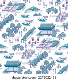 Seamless pattern illustration. Korea's old architecture and people's landscape	