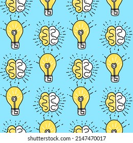 Seamless pattern with an illustration of a lamp and a brain as a symbol of a good idea in a doodle style in blue and yellow