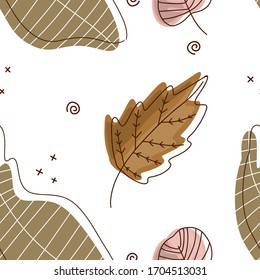 Seamless pattern, illustration with leaves of different shapes and colors on a white background. Elements for the design of textiles, cards, t-shirts. Floral flat hand drawn Scandinavian style.