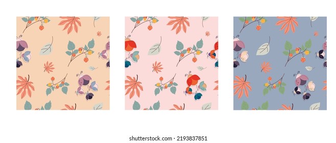 SEAMLESS PATTERN Illustration, Leaves, Ladybug and Flower. Retro and Vintage style.