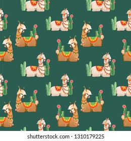 Seamless pattern. Illustration with llama and cactus plants. Vector animal green background. Greeting card with Alpaca.