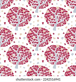 Seamless Pattern with Illustration of Love Tree with Hearts. Panton Color 2023 Viva Magenta and some colors from Pantone’s Ignite palette on white background