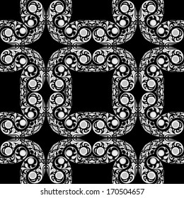 Seamless pattern illustration made of floral elements in shades of gray on black background