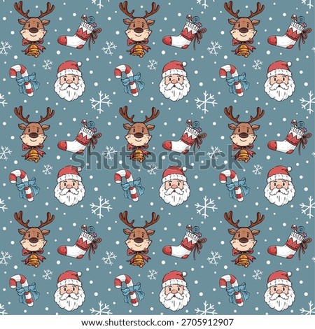  A seamless pattern illustration of Merry Christmas with various icons such as Santa Claus, reindeer, socks, candy, and snow. Great for wrapping paper and tablecloth designs.