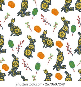 Ilustración de patrón sin fisuras para el Festival de Medio Otoño con conejos decorativos con adornos florales, pasteles de luna, linternas y ramas de sakura. Perfecto para envolver papel, textiles, Fondos de pantalla.