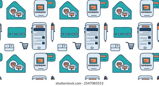 Seamless pattern with illustration of modern electronic devices and gadgets, minimalistic design, technology icons