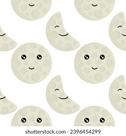 seamless pattern illustration of the moon with a cheerful face on a white background