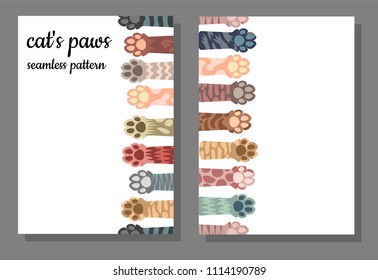 Seamless pattern, illustration of multi-colored cat paws on a white background. Brochure, card, flyer
