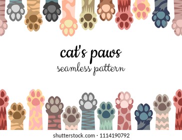 Seamless pattern, illustration of multi-colored cat paws on a white background. Brochure, card, flyer