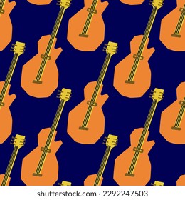 Seamless pattern with illustration of musical instrument electric guitar in cutting style orange color on blue background