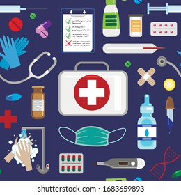 Seamless pattern illustration on medicine theme. medicine, treatment and health. Vector illustration