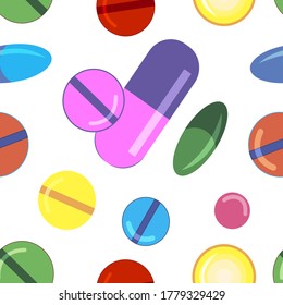 Seamless pattern illustration on medicine theme. Colorful pills , medicine, treatment and health. Vector illustration