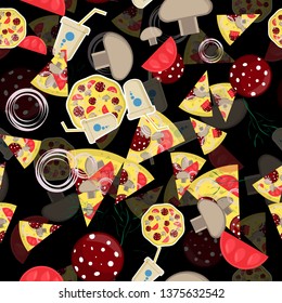 seamless pattern illustration, on the theme of Italian pizza cuisine, for decoration and design of finished food, dish and ingredients