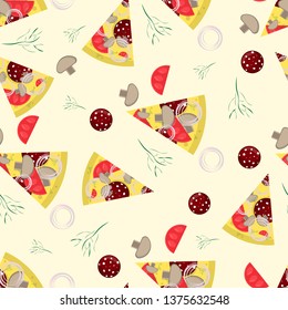 seamless pattern illustration, on the theme of Italian pizza cuisine, for decoration and design of finished food, dish and ingredients