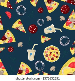 seamless pattern illustration, on the theme of Italian pizza cuisine, for decoration and design of finished food, dish and ingredients
