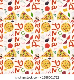 seamless pattern illustration, on the theme of Italian pizza cuisine, for decoration and design of finished food, dish and ingredients, flat style