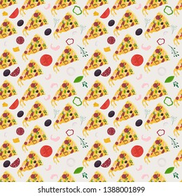 seamless pattern illustration, on the theme of Italian pizza cuisine, for decoration and design of finished food, dish and ingredients, flat style