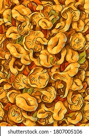 Seamless pattern with Illustration with orange forest mushrooms chanterelles