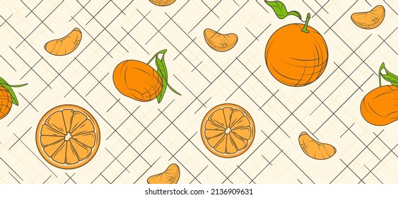 Seamless pattern with illustration of orange and tangerine in sketch and cartoon style. Vector pattern for decoration of kitchen tools, design of apron, cutting board, tablecloth, wrapping paper.