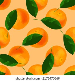 Seamless pattern with illustration of oranges and leaves on a light orange background
