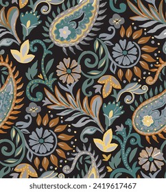 seamless pattern illustration. Paisley  vintage colorful elements and ethnic folkloric element flowers abstract. Black color background.