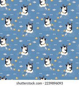 Ilustración sin foco de un pingüino sobre un bloque de hielo capturando peces en el mar