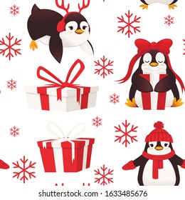 Seamless pattern illustration of penguins with gift boxes and snowflakes cartoon cute animal flat vector illustration