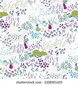Seamless pattern illustration of people enjoying a picnic. Retro-style illustration of Korea and Koreans.