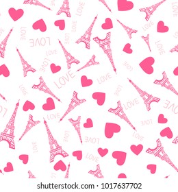 Seamless pattern. Illustration pink ink Eiffel Tower. Vector decorations isolated on white background. Handwritten inscription LOVE!