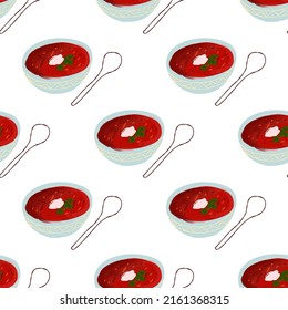 Seamless pattern with Illustration plate of borsch Ukrainian cuisine