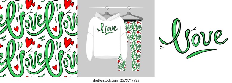 Seamless pattern and illustration with playful cute snakes and hearts. Green snake folded into word Love. Baby background, cute design showcased on garments, best for t-shirt print, card, wrapping