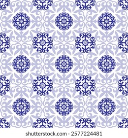 Seamless pattern illustration Portuguese tiles azulejo. Moroccan azulejo pattern, majolica tile,Talavera, Damask. Portuguese azulejo tile pattern, Mediterranean ceramic, patchwork. Traditional style 