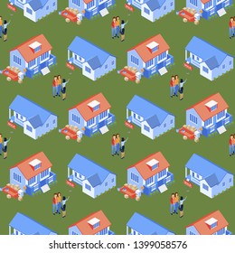 Seamless Pattern Illustration Property Selection Flat. Realtor Woman Shows Real Estate Young Married Couple. Husband and Wife Meet with Real Estate Agent. Moving to New Home. Flat Vector Isometric.