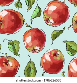 Seamless pattern  illustration with red apples with leaves