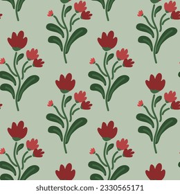 Seamless pattern illustration of red flowers on mole green background.