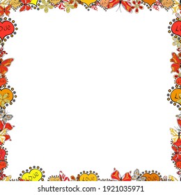 Seamless pattern. Illustration in red, white and yellow colors. Frame doodle. Vector element template.