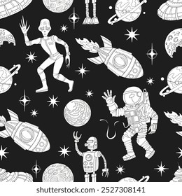 Seamless pattern illustration with retro future space objects, alien, cosmonaut and rocket, line art science fiction concept