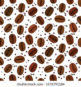 Seamless pattern with illustration of roasted coffee beans and coffee grain. With transparent background