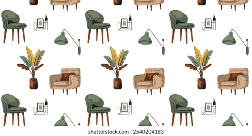 Patrón sin fisuras con la ilustración de una habitación en estilo boho con un sillón, plantas de interior y flores cálidas