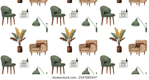 Seamless pattern with illustration of a room in boho style with an armchair, indoor plants and warm flowers