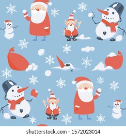 Seamless pattern illustration of Santa Claus, elf and snowman. Holiday joyful light blue background for kids, Merry Christmas and happy New year. Vector illustration.