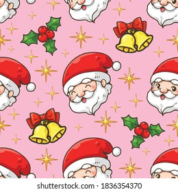 Ilustración sin inconvenientes de la cara sonriente de Santa Claus, cinta, campana, berry de Navidad y brillo. Fondo rosa. Usada para tarjeta de felicitación. Decoración cuidada para pegatinas, logotipo, patrón y más.