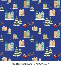 Nahtlose Mustergrafik des Weihnachtsmannes kommt nachts in die Stadt. Für die Gestaltung von Tapeten, Hintergrund und Textilien.