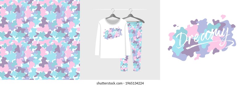 Seamless pattern and illustration set with abstract camouflage stains, Dreamy lettering. Tender background for apparel, family look, room decor, tee prints, fabric design,  branding, packaging