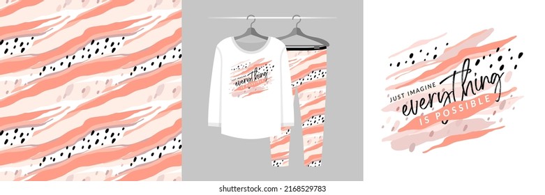 Seamless Pattern And Illustration Set With Abstract Coral Stripes And Lettering Just Imagine - Everything Is Possible. Aesthetic Design Pajamas, Background For Apparel, Tee Prints, Fabric, Wrapping