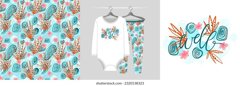 Seamless pattern and illustration set with abstract floral hand-drawn doodles, dots, lettering Well. Aesthetic creative design hand painted textile fabric texture, tee prints background, wrapping