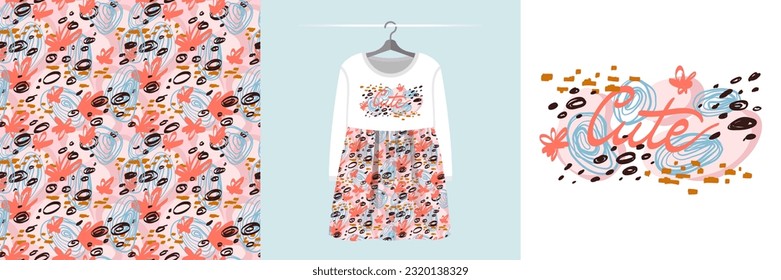 Seamless pattern and illustration set with abstract floral hand-drawn doodles, dots, lettering Cute. Aesthetic creative design hand painted textile fabric texture, tee prints background, wrapping