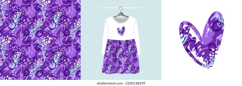 Seamless pattern and illustration set with abstract floral hand-drawn doodles, dots and heart. Aesthetic creative design hand painted textile fabric texture, tee prints background, wrapping